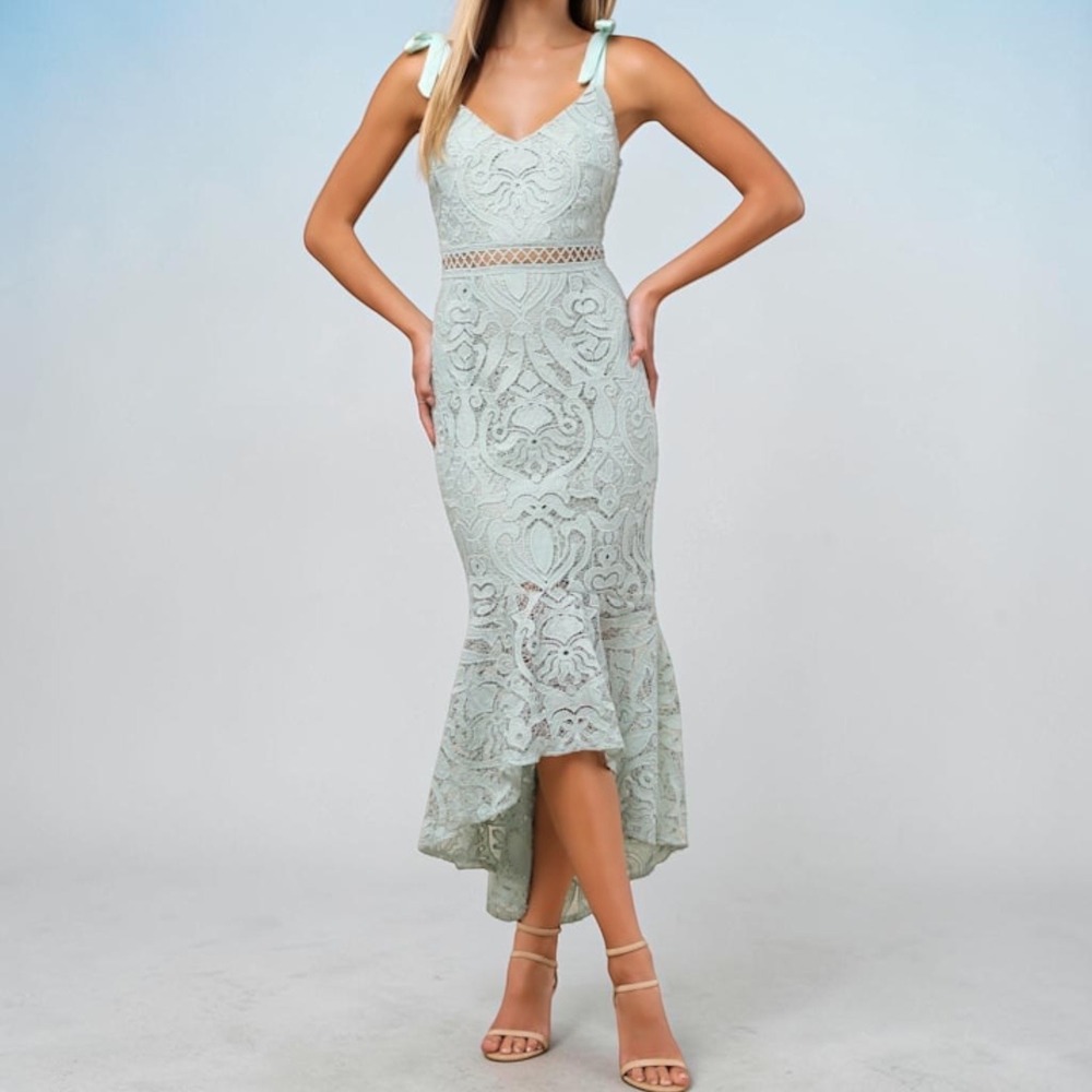 Lulus Mermaid Lace Ethereal Coquette High-Low Midi Dress Sage Green‎ S Fairycore